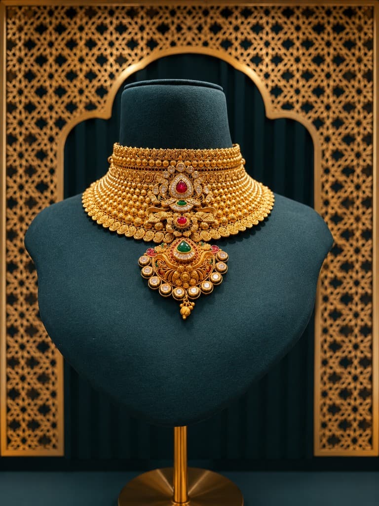 Layered heritage gold chokar necklace with pendant on teal display bust