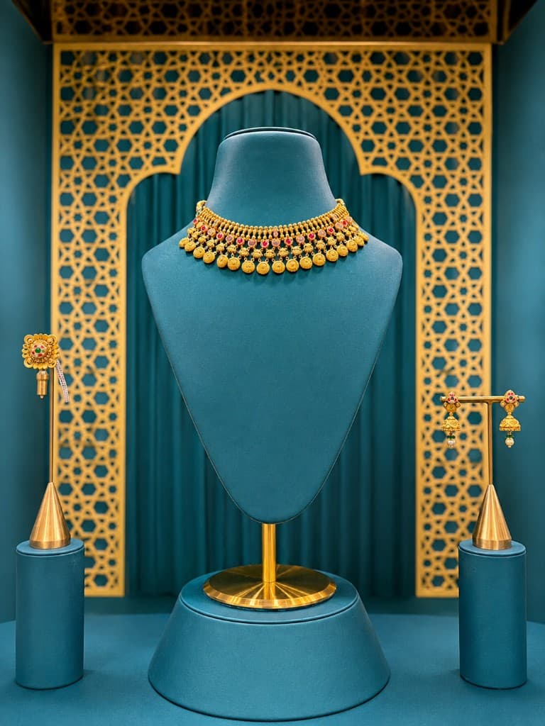 Traditional gold chokar necklace with coin motifs on teal display bust