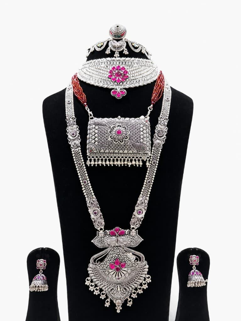 Rajwada bridal oxidised silver set with maang tikka, choker, haar, and jhumka earrings