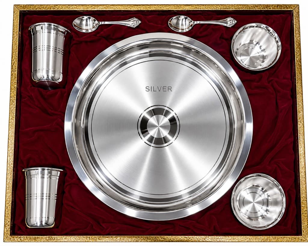 Polished silver dining set with tumblers, bowls, and spoons in a gift presentation