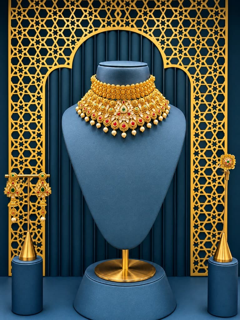 Traditional gold necklace and earrings in cinematic lighting on blue display