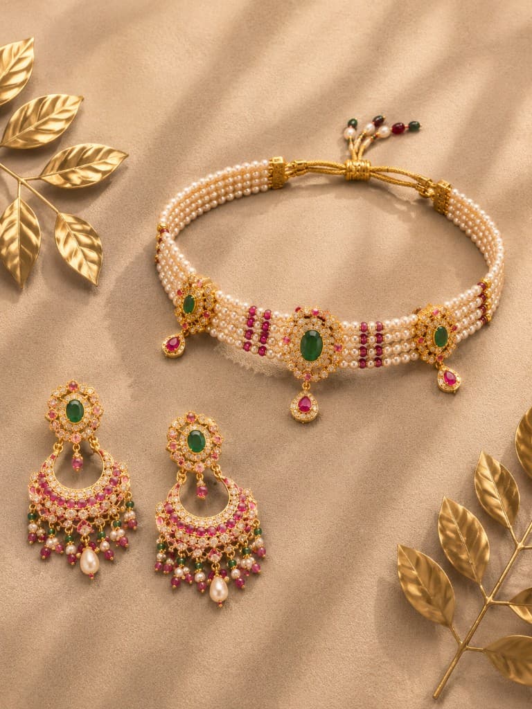 Pearl and emerald bridal jewellery set from MB Jewellers